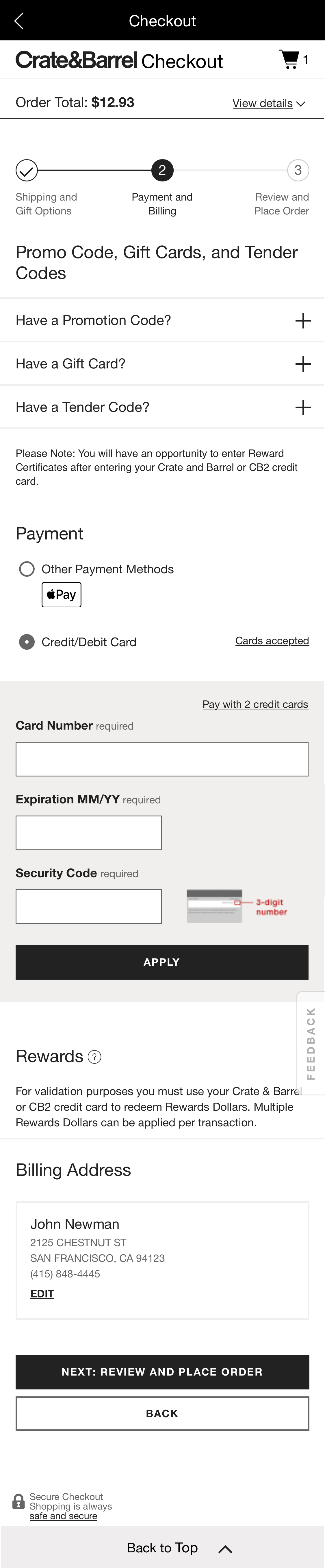 Crate & Barrel’s App Payment 2 of 875 Payment Examples Baymard